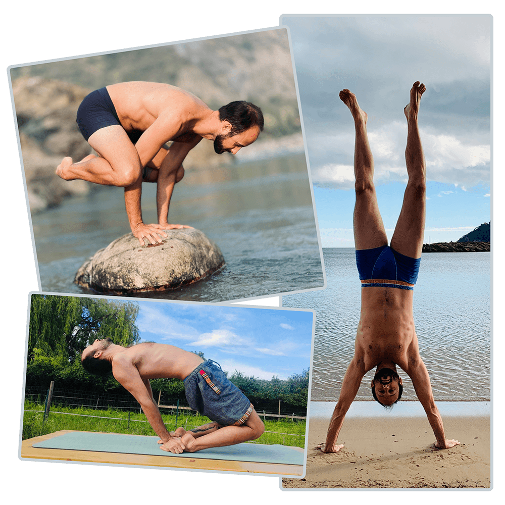Julien en postures de yoga : bakasana sur un rocher, équilibre sur les mains, ustrasana