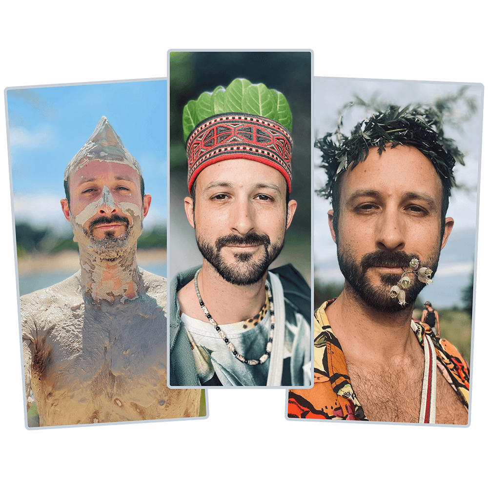 Julien lors de cérémonies : couronnes de feuilles, argile, rituels en nature