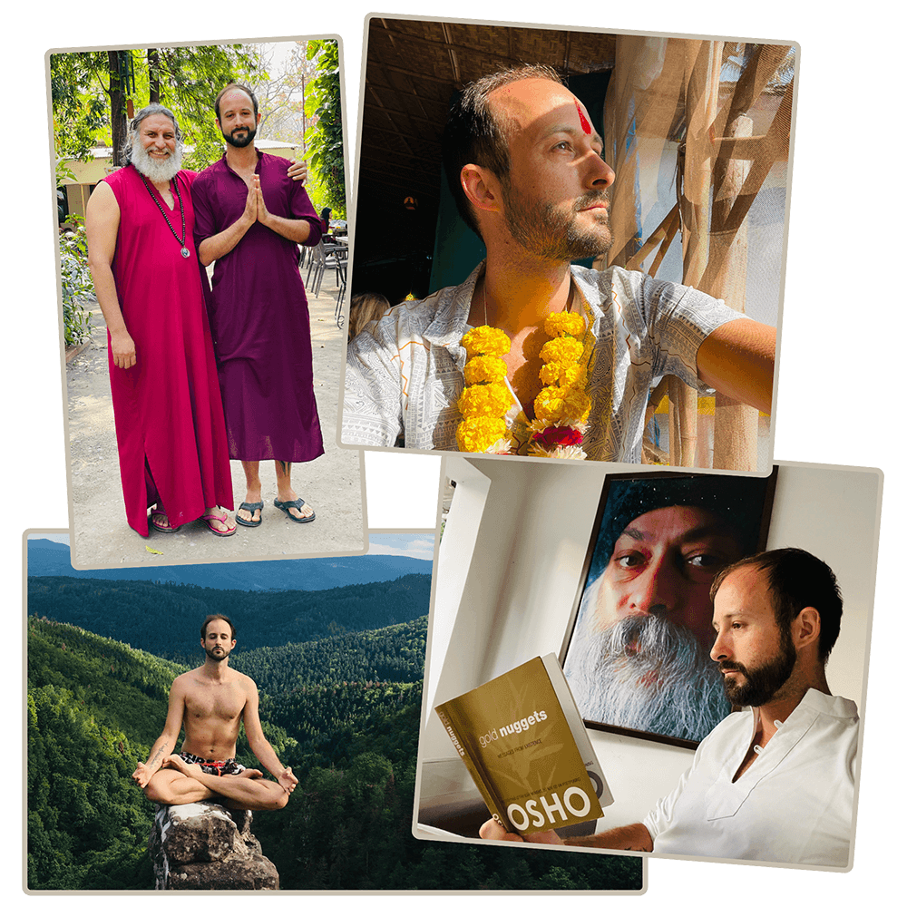 Julien en méditation, en Inde, avec un maître et un livre d’Osho