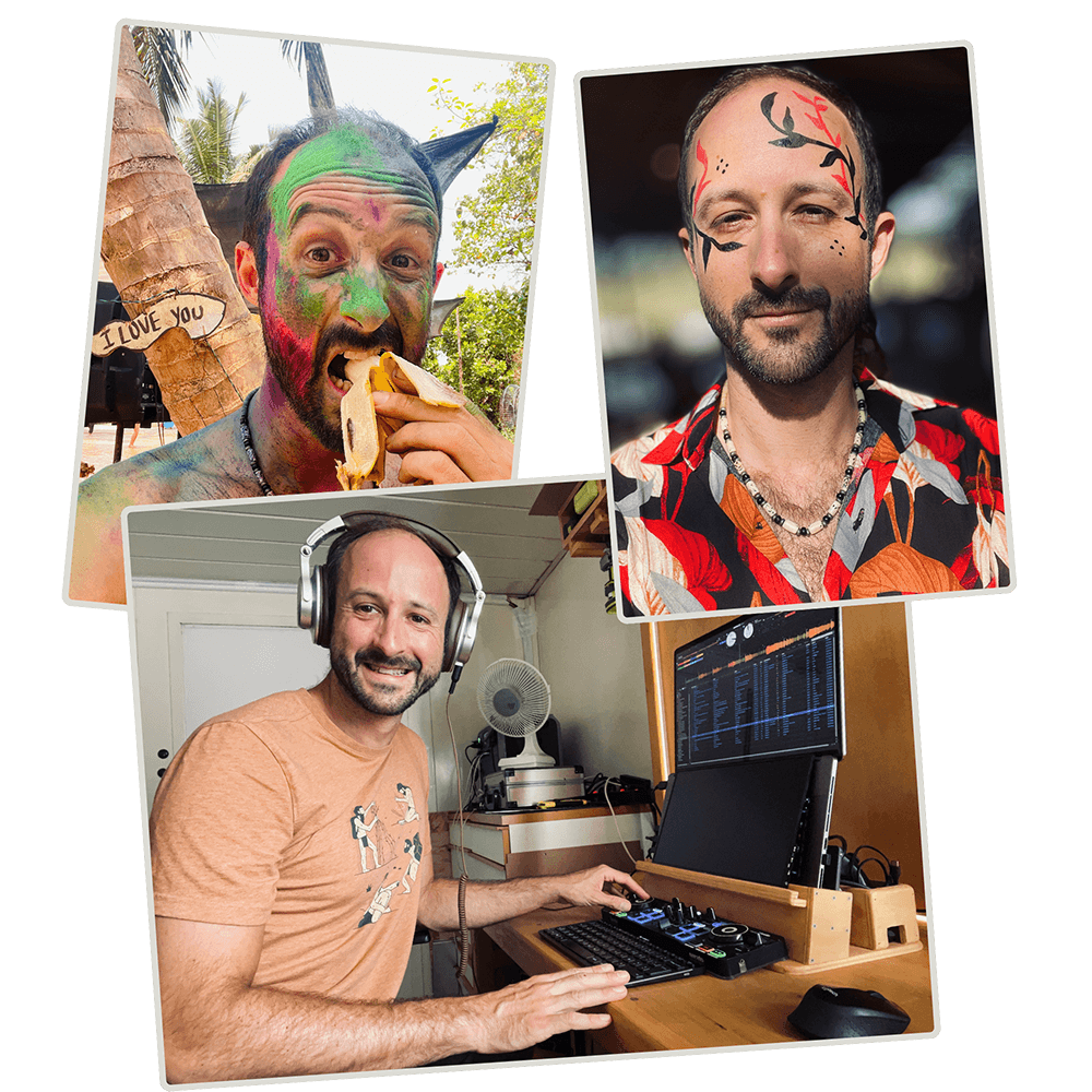 Julien en fête, visage peint, et devant son ordinateur en train de construire Noosom